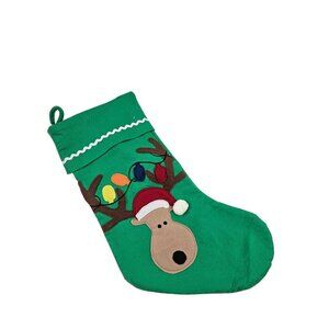 Green Felt Christmas Stocking Reindeer Festive Lights Vintage Holiday 19 in